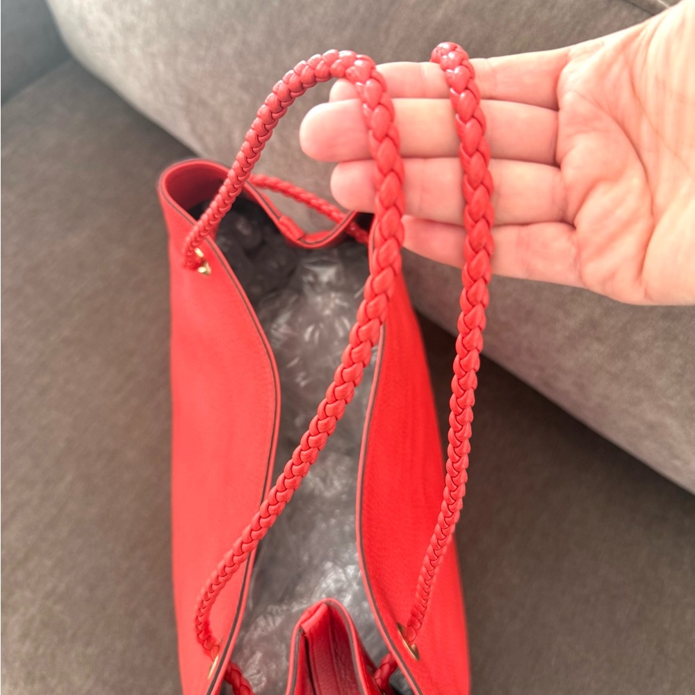 Authentic Gucci Gifford Tote Bag coral red leather large size braided handles - Picture 12 of 16